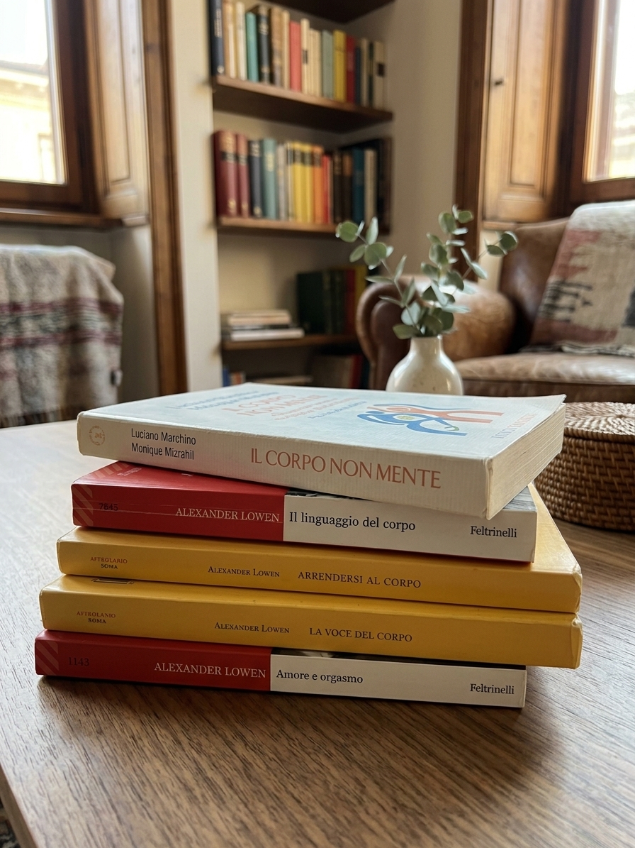 Una pila di libri sul corpo e sulla prospettiva psicosomatica, sul tavolo dello studio